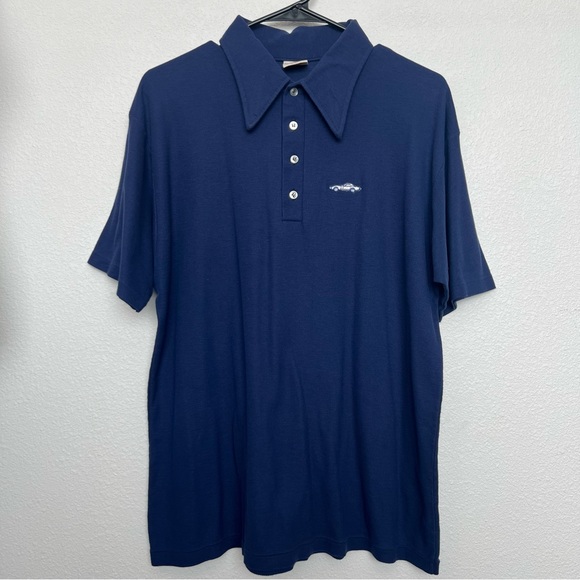 Vintage 70s 80s Men's Chevrolet Sales Department Dagger Collar Polo Tee Blue XL - Picture 6 of 8